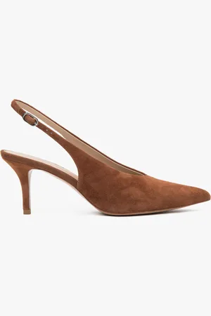 Estro Brązowe welurowe czółenka damskie typu slingback na obcasie