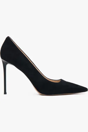 Estro Czarne buty damskie na obcasie z weluru naturalnego