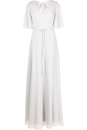 Marchesa Notte Draped-sleeve rear-cutout gown