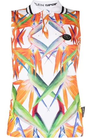 Philipp Plein Floral-print sleeveless cotton polo top