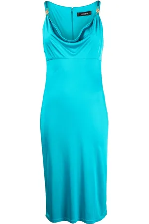 VERSACE Logo-plaque cowl-neck midi dress