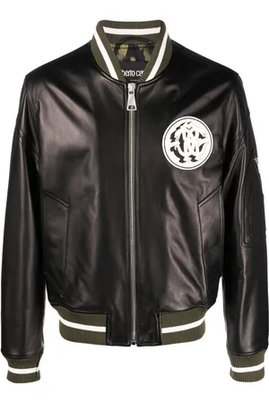 Roberto Cavalli Leather monogram-patch bomber jacket