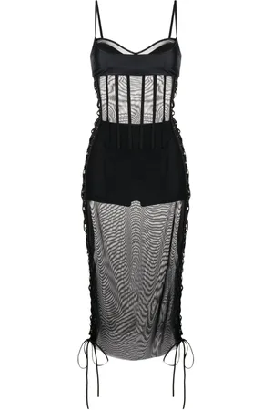 MONSE Lace-up detail mesh midi dress