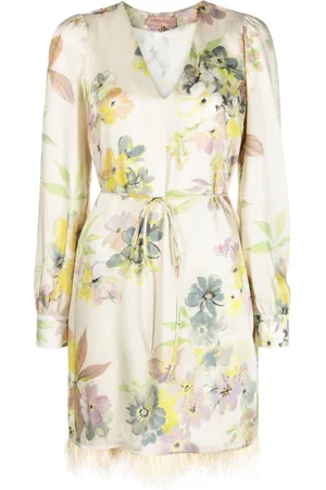 Twin-Set Floral-print feather-trim minidress