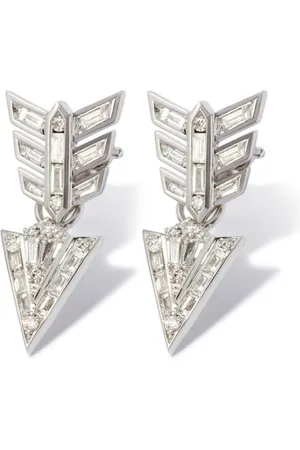 ANNOUSHKA 18kt white gold Deco Feather Arrow diamond drop earrings