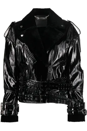 Philipp Plein Shearling-collar patent-leather jacket