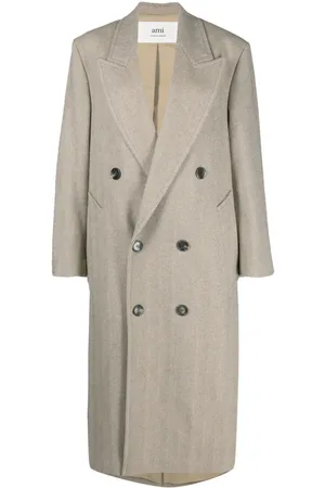 Ami Double-breasted herringboned long coat