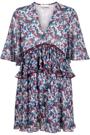 Ganni Pleated floral-print minidress