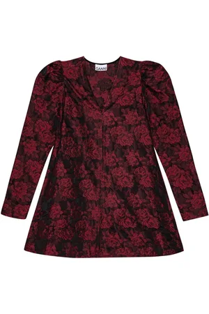 Ganni Botanical-print jacquard long-sleeve minidress