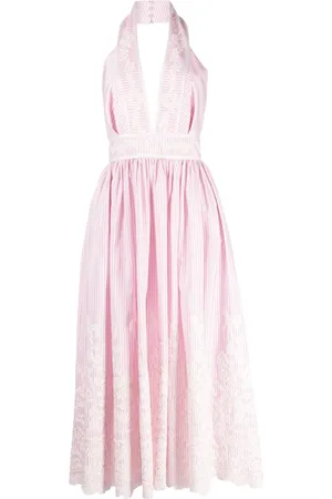 Elie saab Pinstripe floral-embroidered halterneck dress