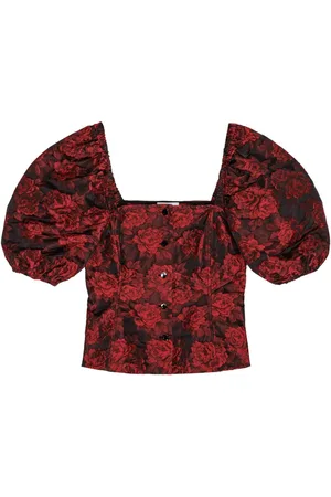Ganni Botanical-print short puff-sleeve cropped top