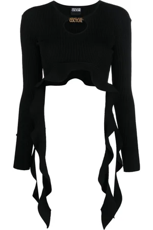 VERSACE Ruffled ribbed-knit cropped top