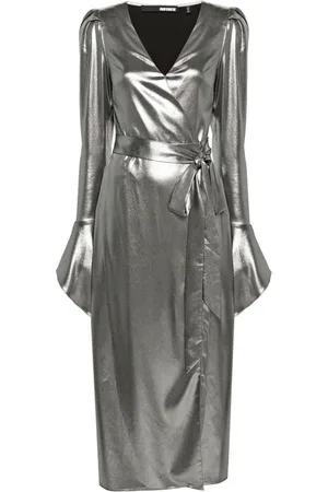 ROTATE Lamé wrap midi dress