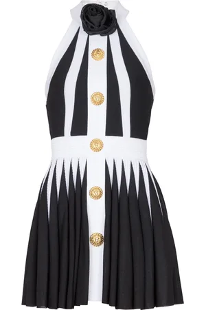 Balmain Floral-appliqué pleated knit minidress
