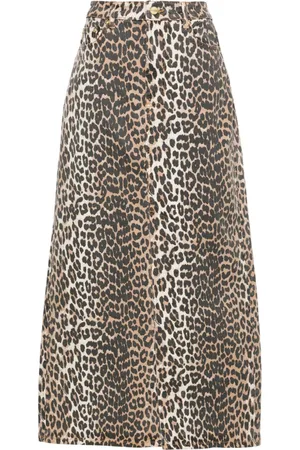 Ganni High-waisted leopard-print denim midi skirt