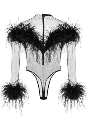 MUGLER Feather-trim mesh bodysuit