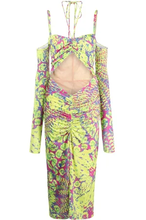 VERSACE Abstract-print off-shoulder midi dress