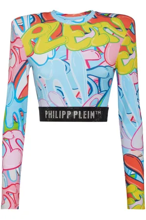 Philipp Plein Padded Shoulder Cropped Top LS Bombing Graffiti