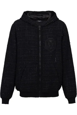 Balmain Logo-patch tweed hooded jacket