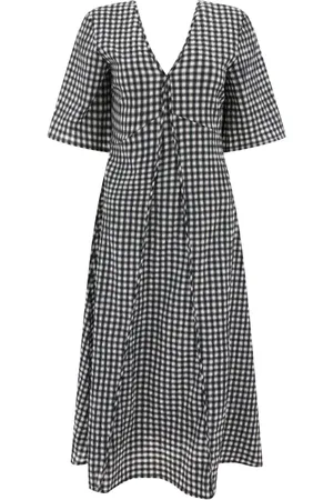 Ganni Check-pattern V-neck midi dress