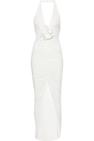 NISSA Floral-appliqué ruched gown
