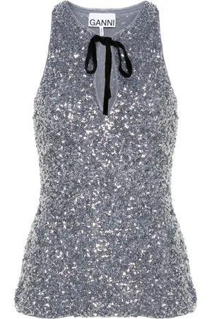 Ganni Sequined split-neck top