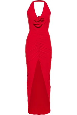 NISSA Floral-appliqué ruched gown