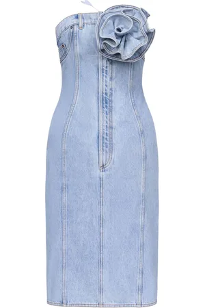 AREA Floral-appliqué strapless denim dress