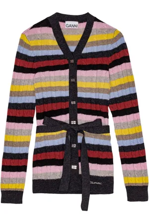 Ganni Logo-embroidered striped belted cardigan
