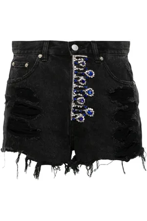LOULOU Crystal-embellished denim shorts