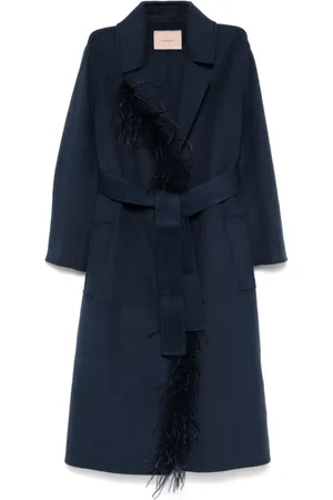 Twin-Set Feather-trim belted coat