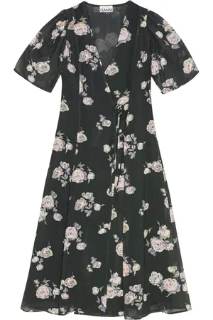 Ganni Floral-print crepe wrap midi dress