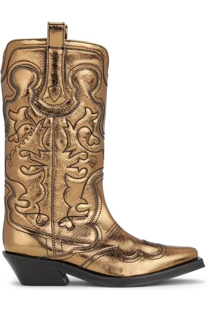 Ganni Embroidered metallic-effect Western boots