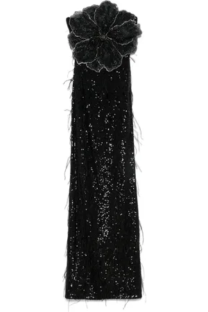 NISSA Floral-appliqué sequined maxi dress