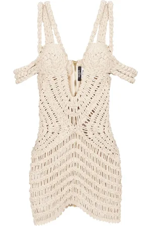 Balmain Off shoulder macrame knit dress