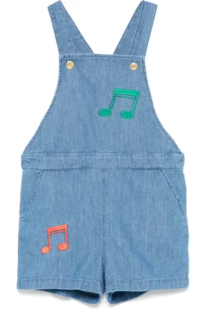 Mini Rodini Note-embroidered denim playsuit