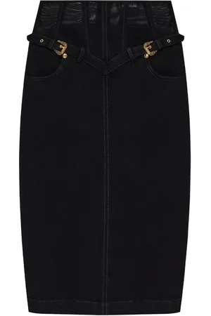 VERSACE Barocco-buckle denim skirt