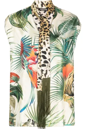 Roberto Cavalli Jungle-print tie-neck silk top