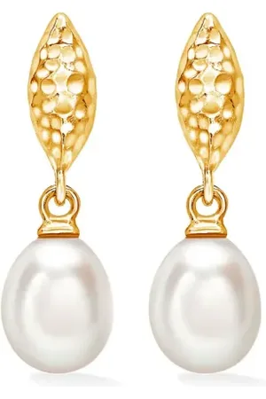 Dower and Hall Hammered Marquise and White Freshwater Pearl Drop earrings