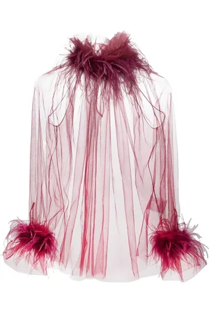 Styland Feather-embellished sheer tulle top