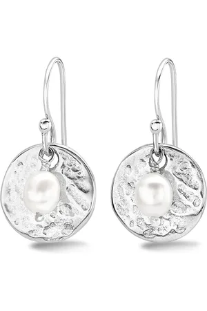 Dower and Hall Hammered Disc and White Freshwater Pearl Nomad earrings