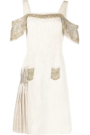 Prada Off-the-shoulder detail flared pleated dress