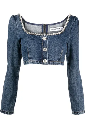Self-Portrait Crystal-embellished cropped denim top