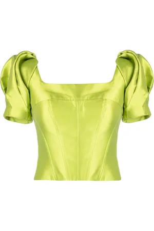 GEMY MAALOUF Puff-sleeve satin cropped blouse