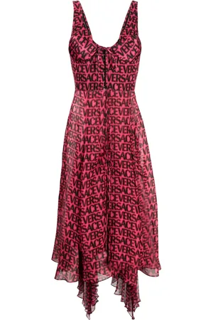 VERSACE Logo-print asymmetric-hem silk dress