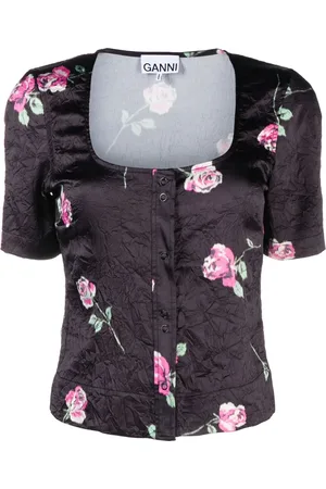 Ganni Floral-print crinkled satin blouse