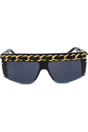 CHANEL 1990-2000s leather-and-chain trimmed shield sunglasses