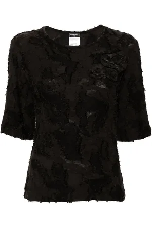CHANEL Camellia-appliqué jacquard blouse