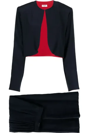 CHANEL 1990s collarless gathered two-piece silk skirt suit