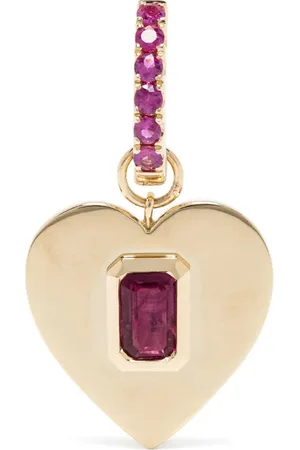 Roxanne First 14kt yellow Heart ruby huggie earring